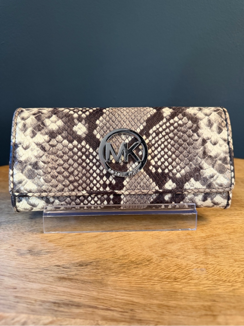 Michael Kors Snake-Print Leather Clutch Wallet - Brown/White